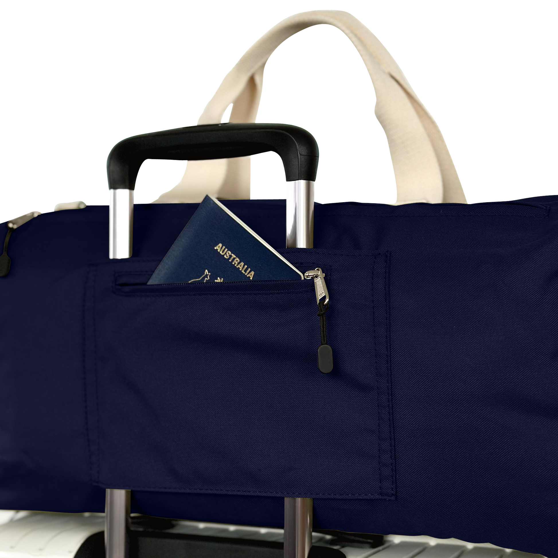 Navy duffle bag back showing luggage sleeve