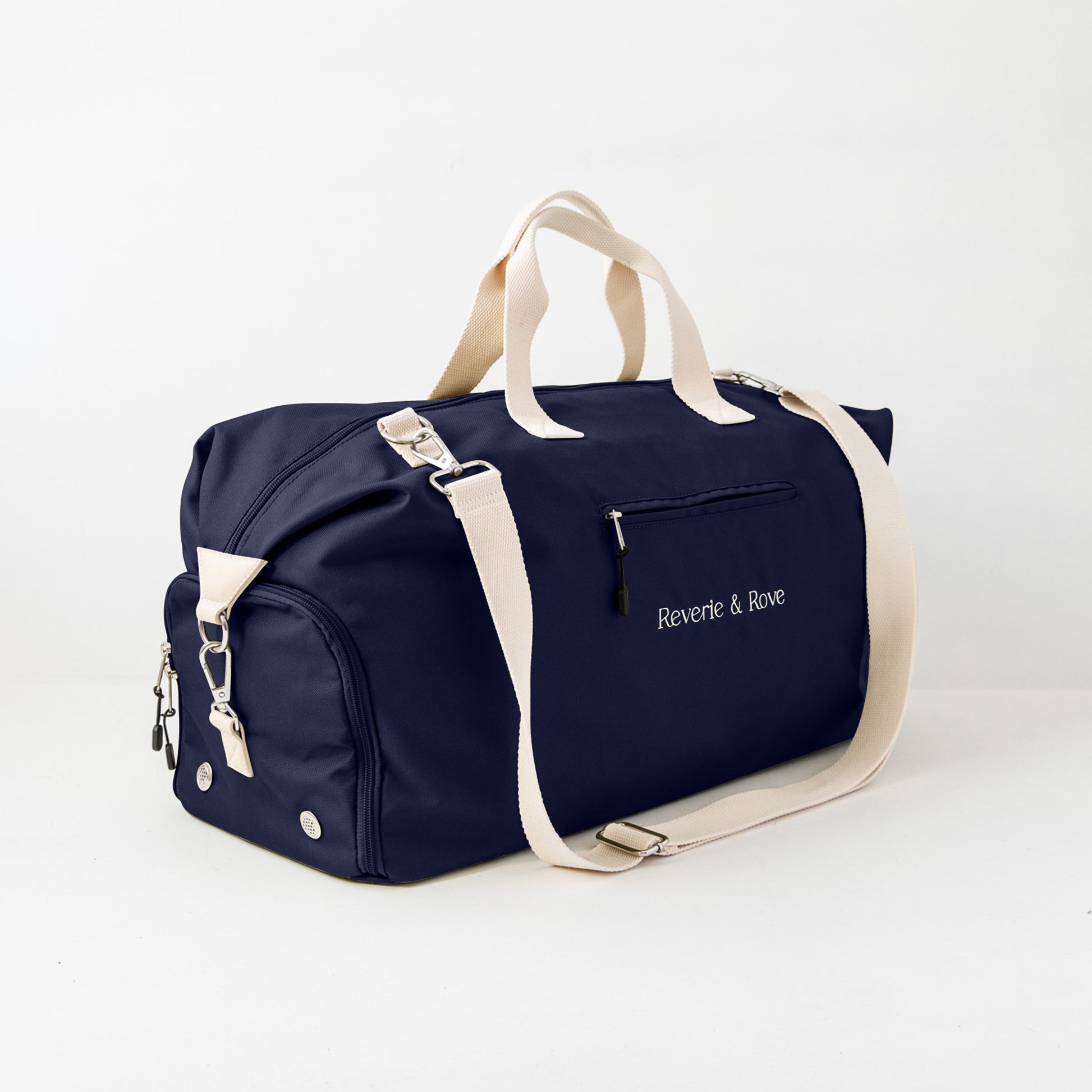 Navy duffle bag front left showing show compartment