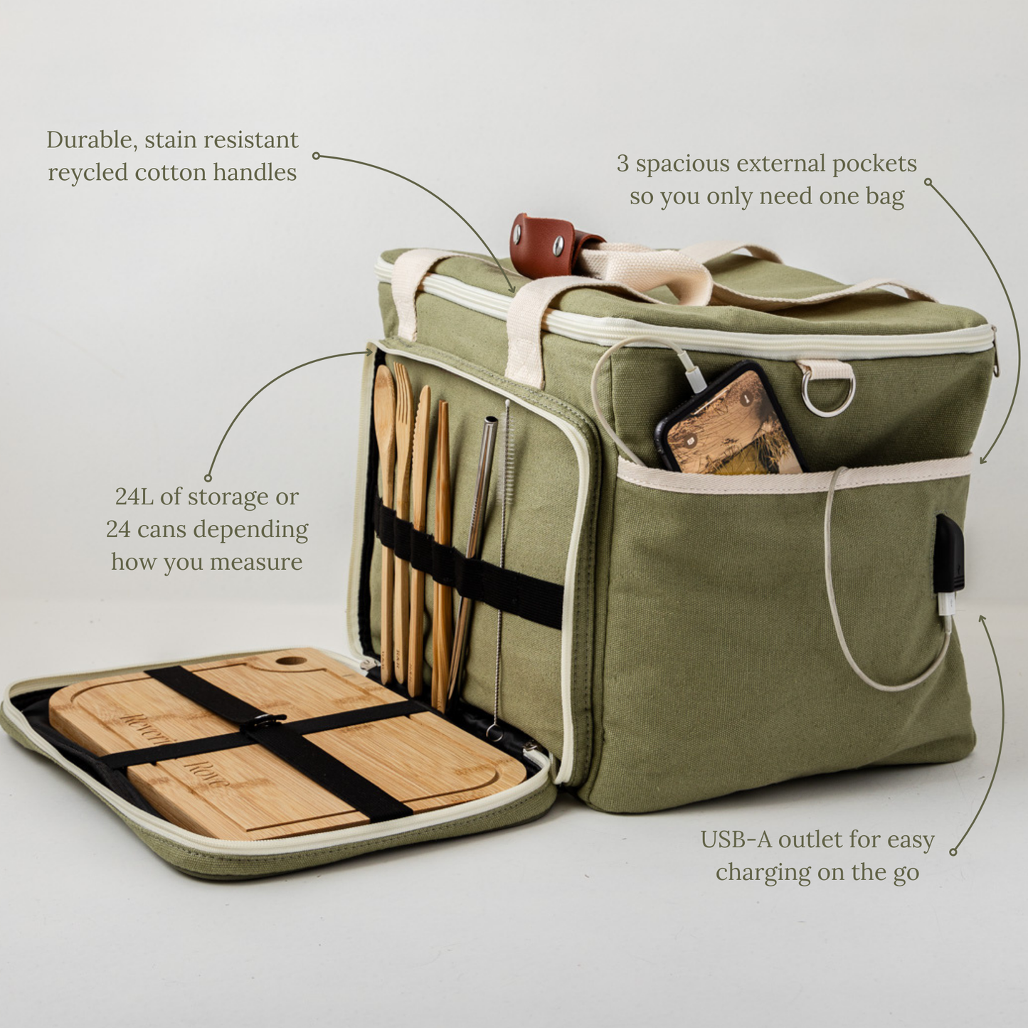 Picnic cooler bag front front right features