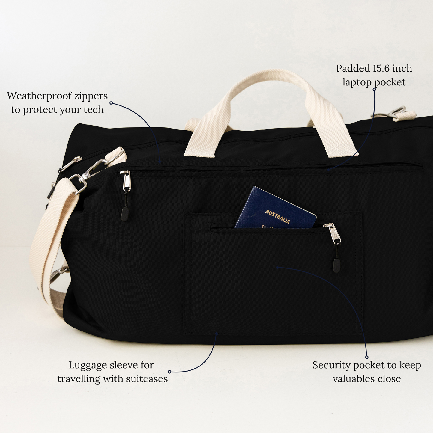 Black duffle bag features back