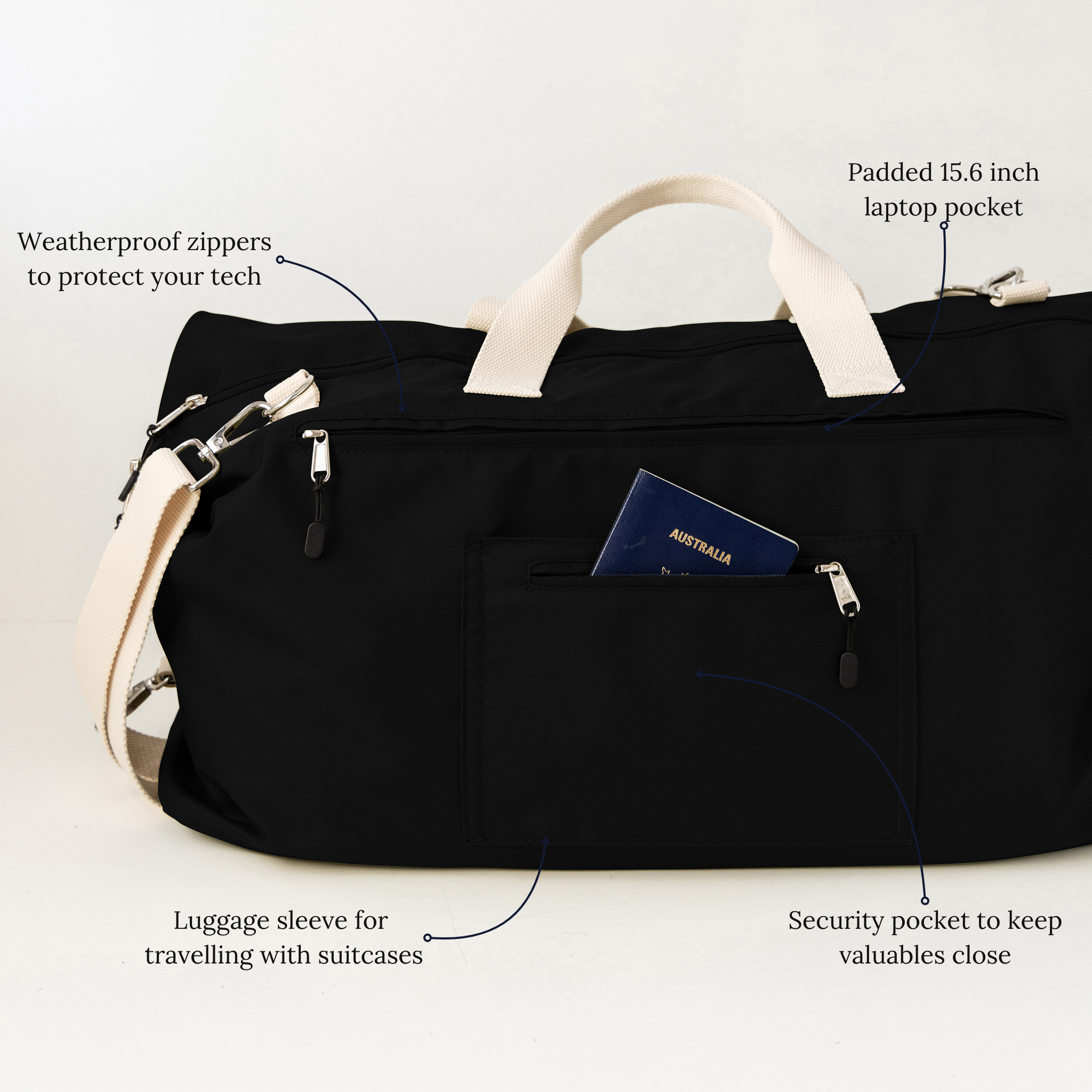 Black duffle bag features back