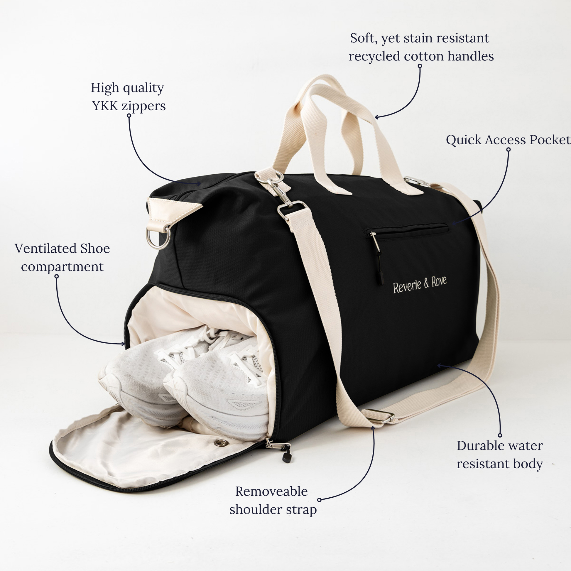 Black duffle bag features front