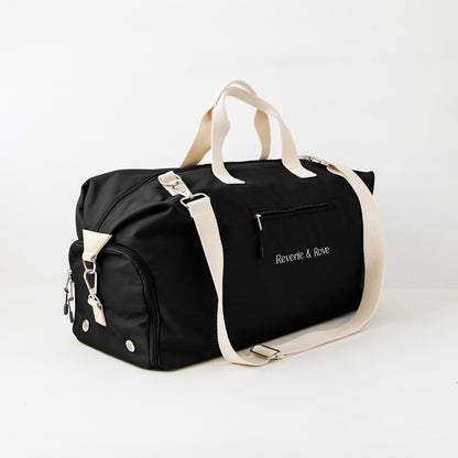 Black duffle bag front left with shoe section