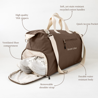 Chocolate duffle bag front features