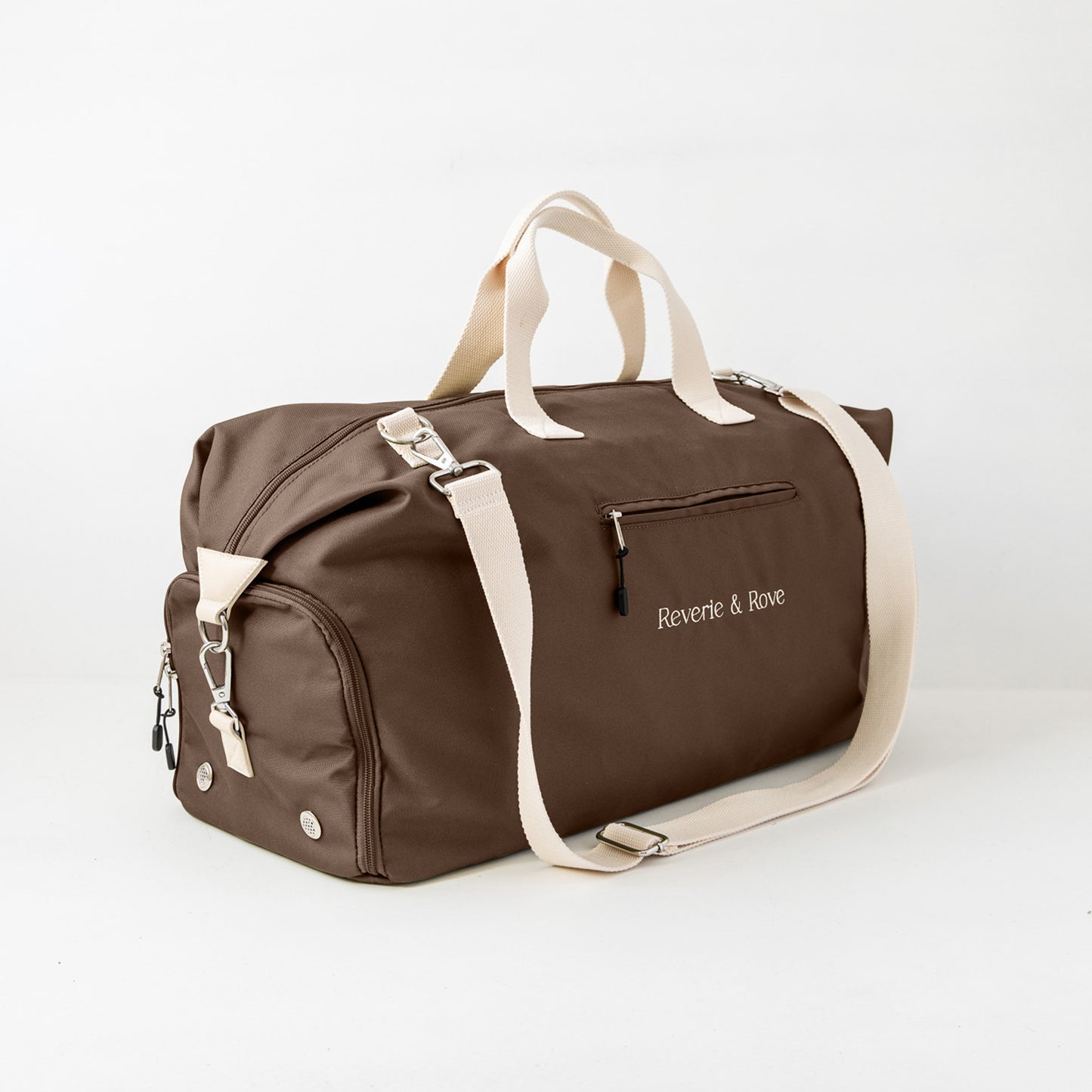 Chocolate duffle bag front left showing shoe section