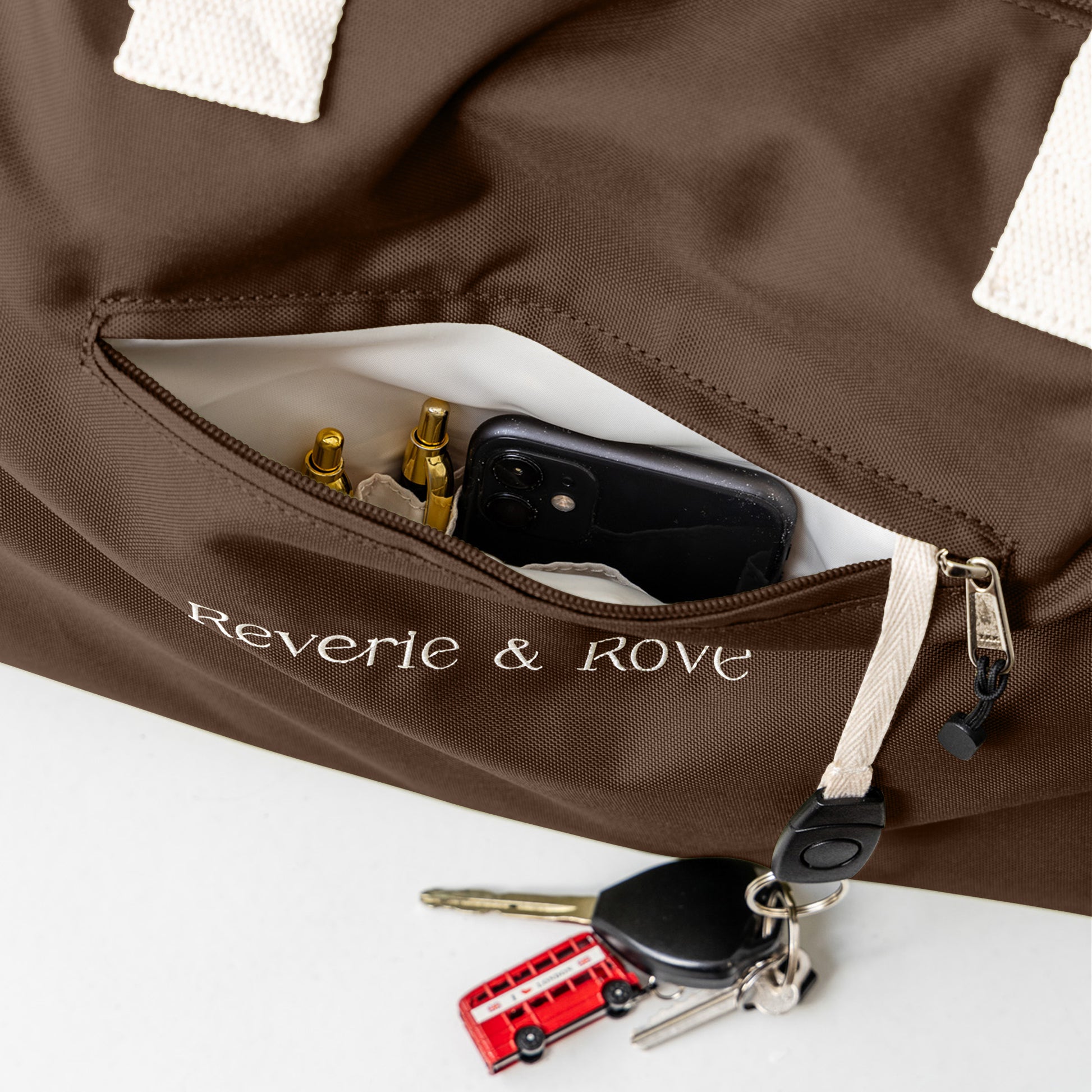 Chocolate duffle bag front quick access pocket with key tag