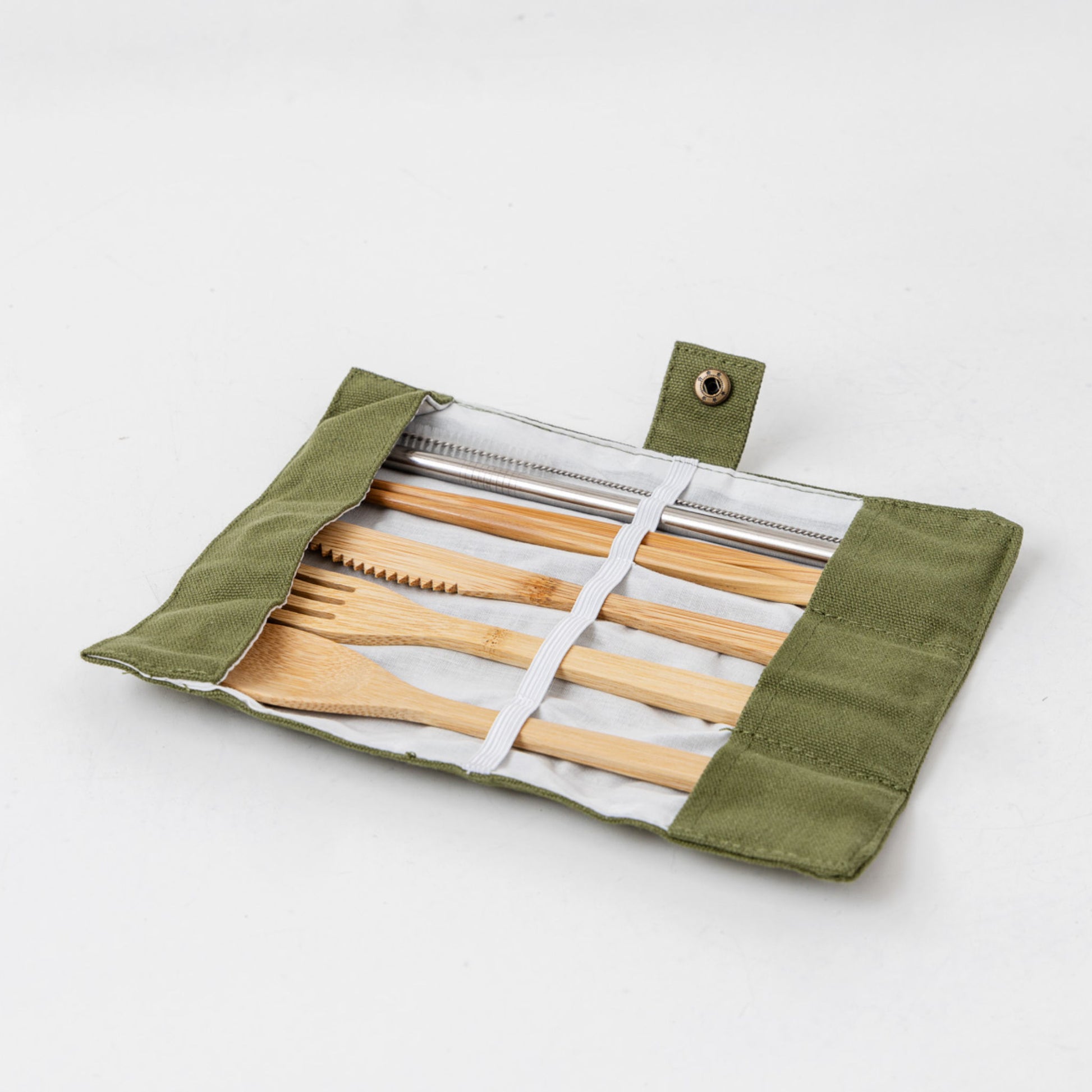 Reusable bamboo cutlery set and wrap opened